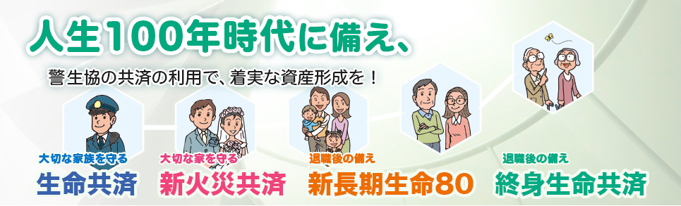 人生100年時代に備えて　警生協の共済の利用で、着実な資産形成を！　大切な家族を守る生命共済　大切な家を守る新火災共済