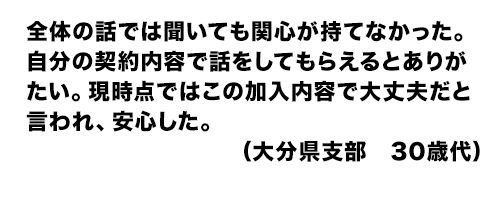 全体の話では聞いても関心が持てなかった。自分の契約内容で話をしてもらえるとありがたい。現時点ではこの加入内容で大丈夫だと言われ、安心した。(大分県支部 30歳代)