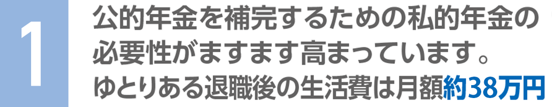 1 公的年金を補完するための私的年金の必要性がますます高まっています。ゆとりある退職後の生活費は約38万円